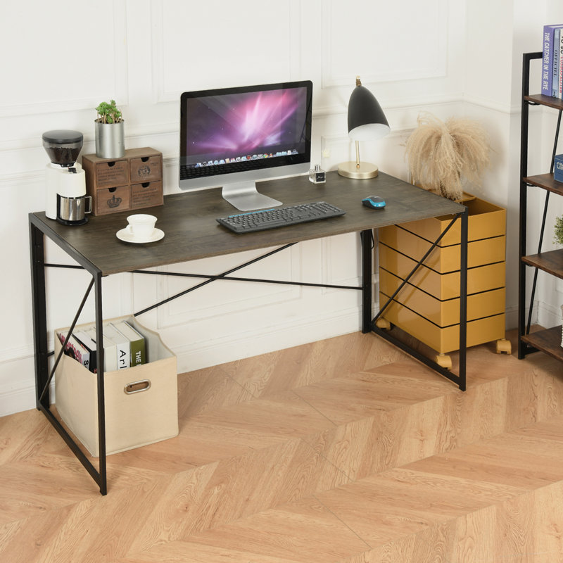 28.3"H×55.1"W Wooden Desktop Folding Computer Desk with Metal Frame, Gray, 28.3" H x 55.1" W x 19.7" D