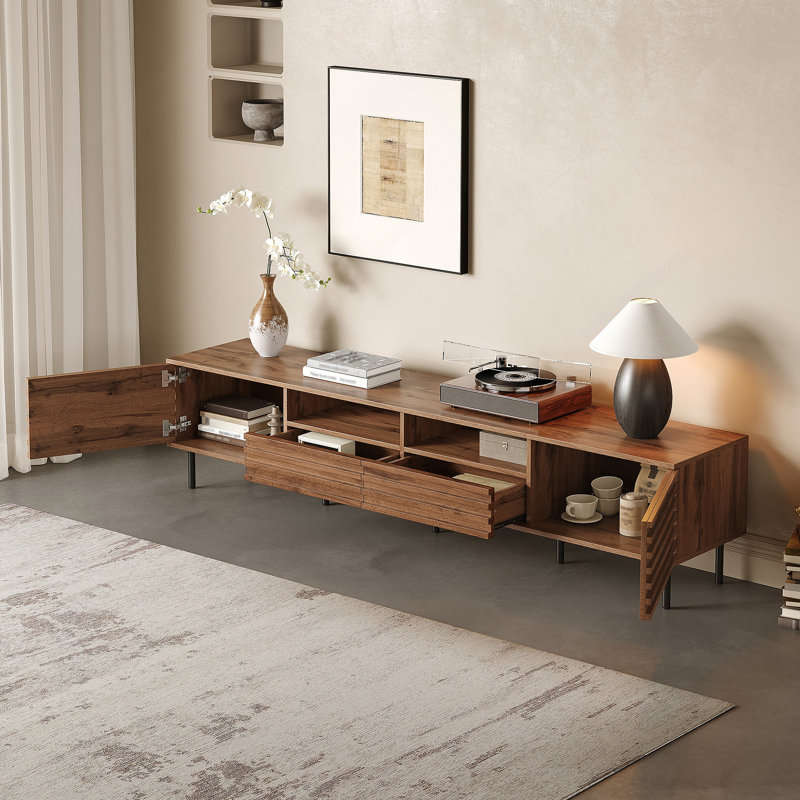 Meuble télé pour téléviseur de 85 po ou moins, meuble télé en bois avec charnières à fermeture douce, pieds en fer pour le salon
