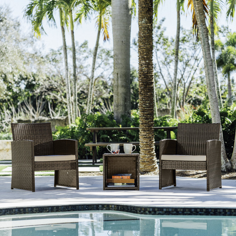 Jacinta 2 - Person Wicker Outdoor Seating Group with Table and Weather Resistant Cushions, Brown/Beige