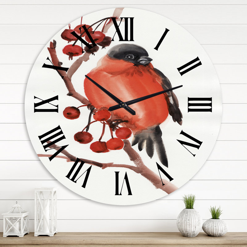 Bouvreuil rouge sur une branche avec des baies - horloge murale traditionnelle, Surdimensionné