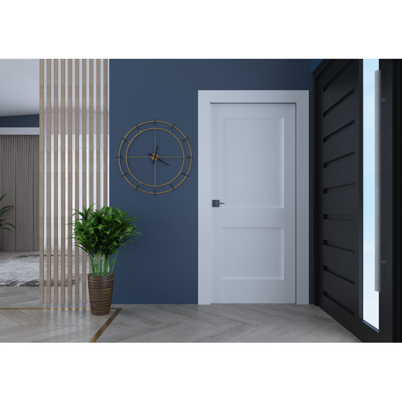 Porte intérieure simple pré-suspendue en composite blanc avec cadre à droite avec charnières noires mates à droite, À droite