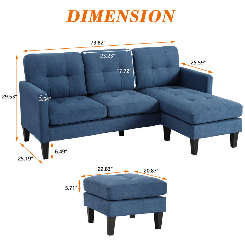 Canapé et chaise longue réversible avec repose-pieds Videlle, Velours bleu
