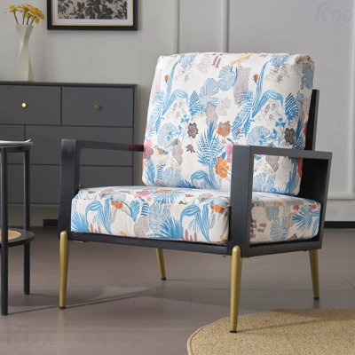 Chaise d'appoint florale, fauteuil en velours de style décontracté avec structure en bois massif, tissu d'ameublement pour le salon avec pieds élégants en métal pour la lecture, chaise d'appoint pour le balcon