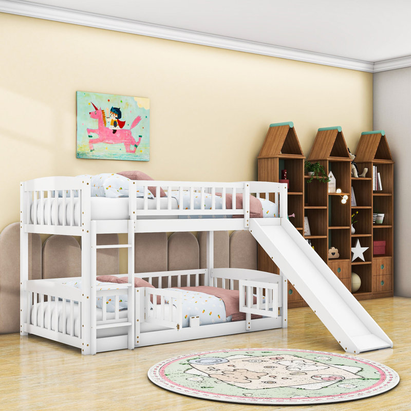 Wood Bunk Bed With Slide And Guardrails, Twin Over Twin, White