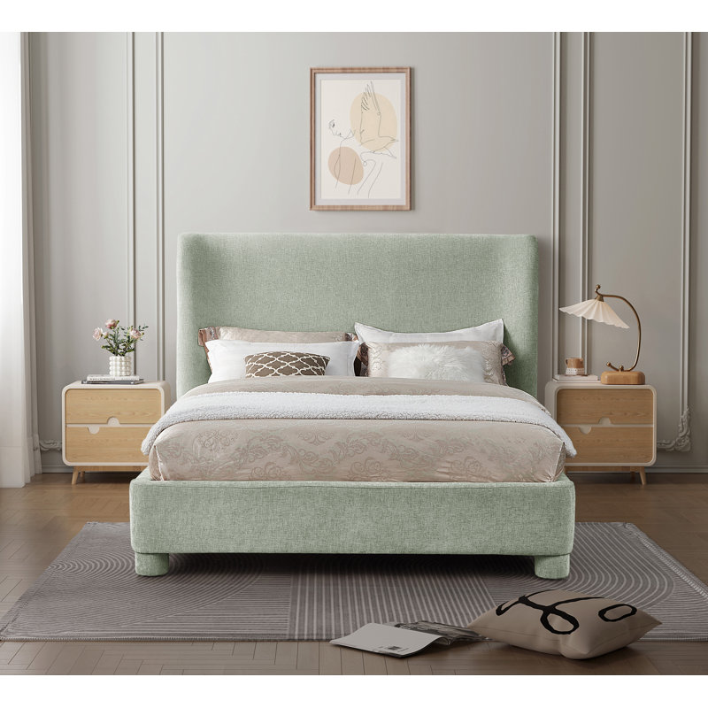 Hridhaan Upholstered Unfinished Wingback Bed, Olive Green Chenille Fabric, King