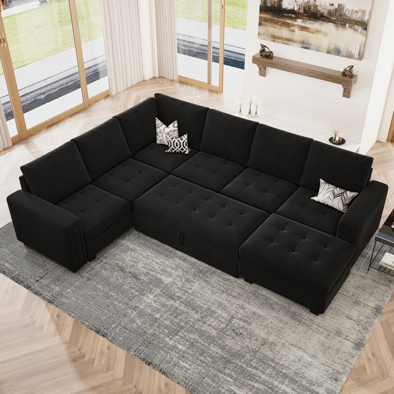 Canapé-lit modulaire en L avec repose-pieds Shavera, Velours noir
