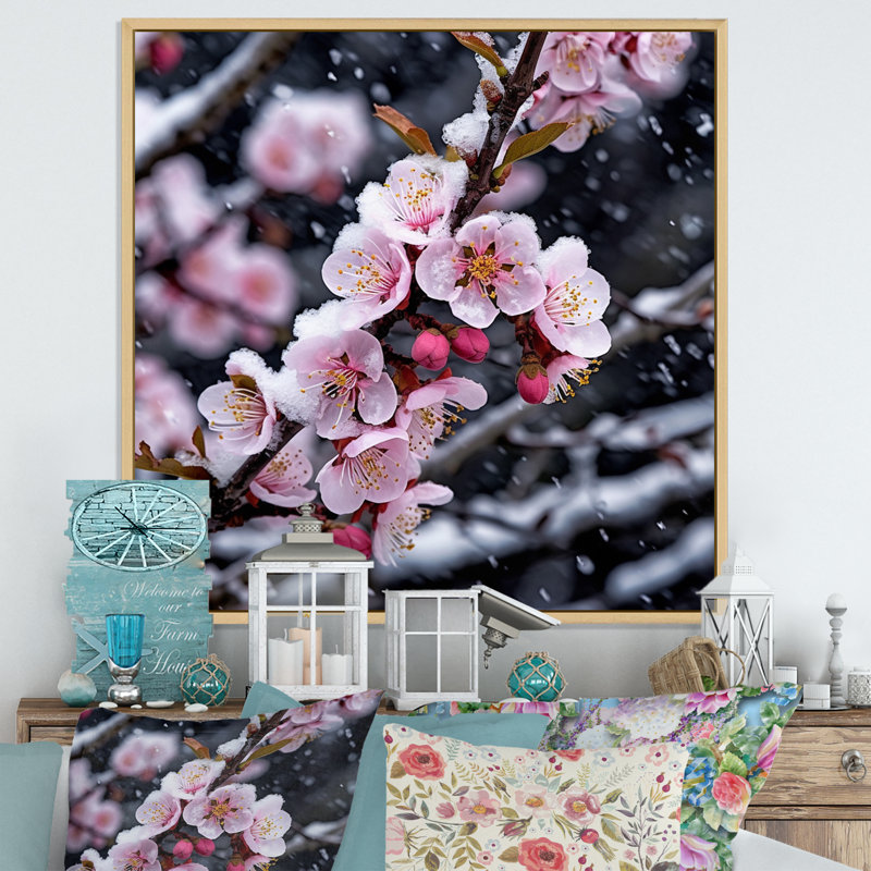 Fleur de cerisier en hiver I, Cadre naturel flottant, H 24 po x l 24 po x P 1 po