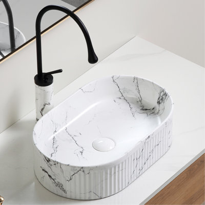19x12 Inch Black And White Marble Oval Bathroom Vessel Sink, Porcelain Ceramic Sink With Smooth Bubble - Surface Aerator, Easy Maintenance In Ceramic, Faucet Drain, Heat Stain Finish