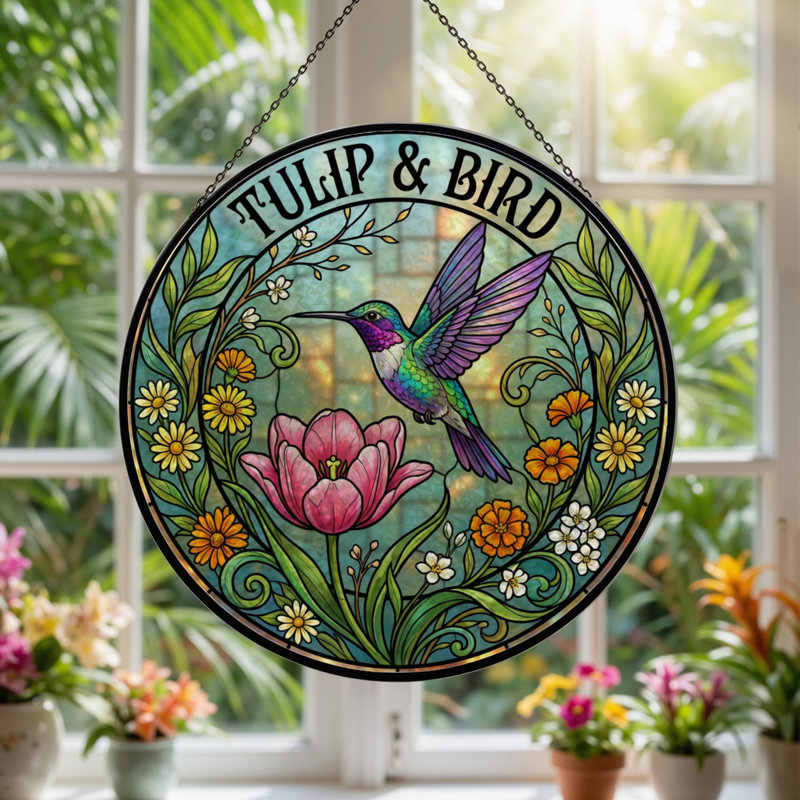 12"H Tulip Bird Stained Glass Window Panel, 12" H x 12" W