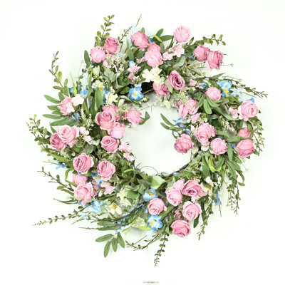 24" Artificial Farmhouse Blossom Cluster Greenery Foliage Berry Rose Floral Wreath For Front Door Valentine's Day