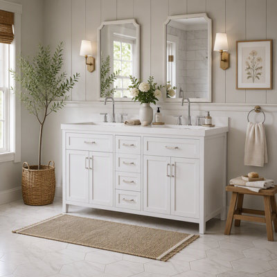 Double Sink Bathroom Vanity with Resin Sink Top, Soft-Close Doors and Drawers, White
