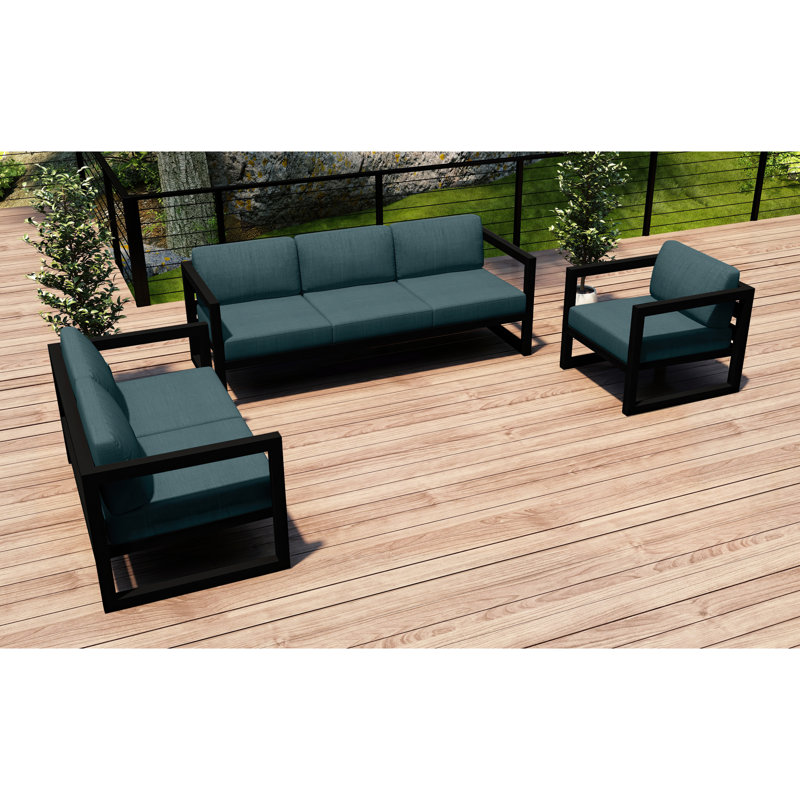 Avion 3 Piece Sofa Loveseat Set, Cast Lagoon Sunbrella® Plainweave, Black
