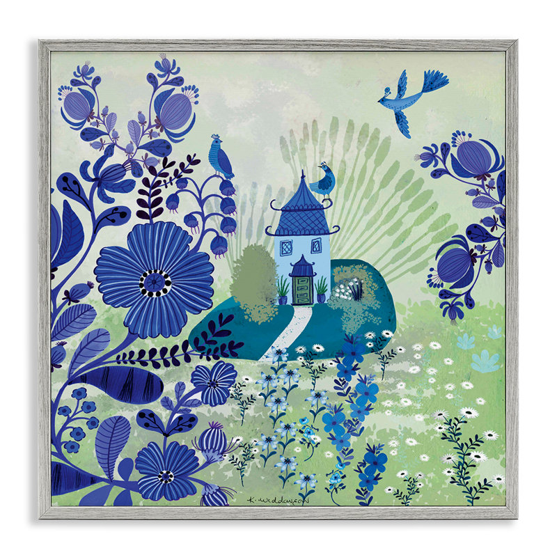 Giclée encadrée de jardin bleu fantaisiste, design par Kay Widdowson, Estampe numérique Farmhouse, H 17 po x l 17 po