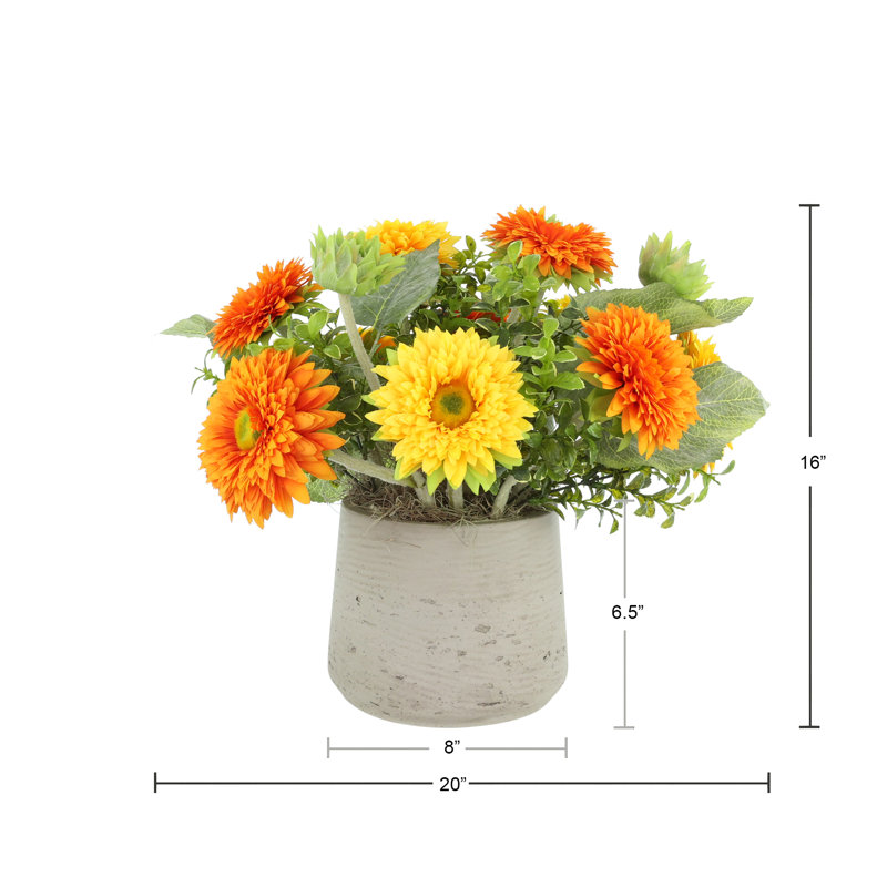 Arrangement de tournesol dans un pot en fibre de pierre, Jaune; orange