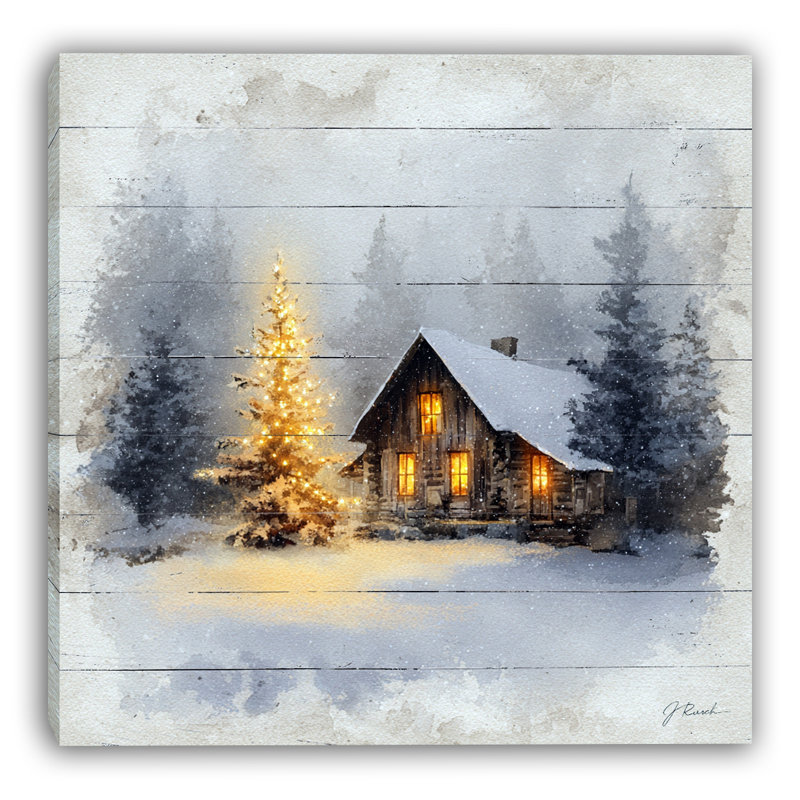 «Rustic Cabin Winter Lights and Snowfall», art mural sur toile, H 12 po x l 12 po