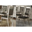 Chaises de salle à manger luxueuses gris et argent, dossier avec garniture argentée, siège rembourré, coussin, bois d'hévéa, déviation classique de 2, accent sur le revêtement, coussin gris et argent, style