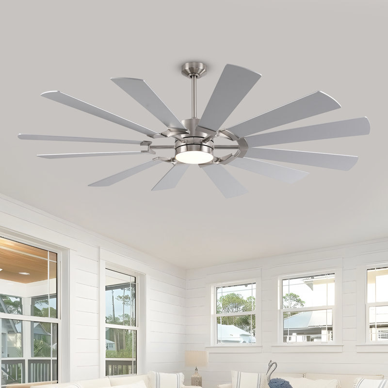 Large 12 Blades Ceiling Fan With Light, Modern Ceiling Fan For Indoor And Outdoor Use, Reversible Dc Motor, Dual Finish Blades In Silver & Walnut, Ceiling Fan With Remote