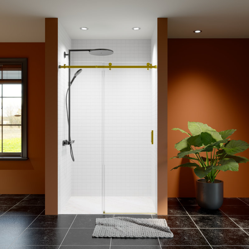 Porte de douche coulissante simple sans cadre l 46 à 48 po x H 76 po, verre trempé 5/16 po, or brossé