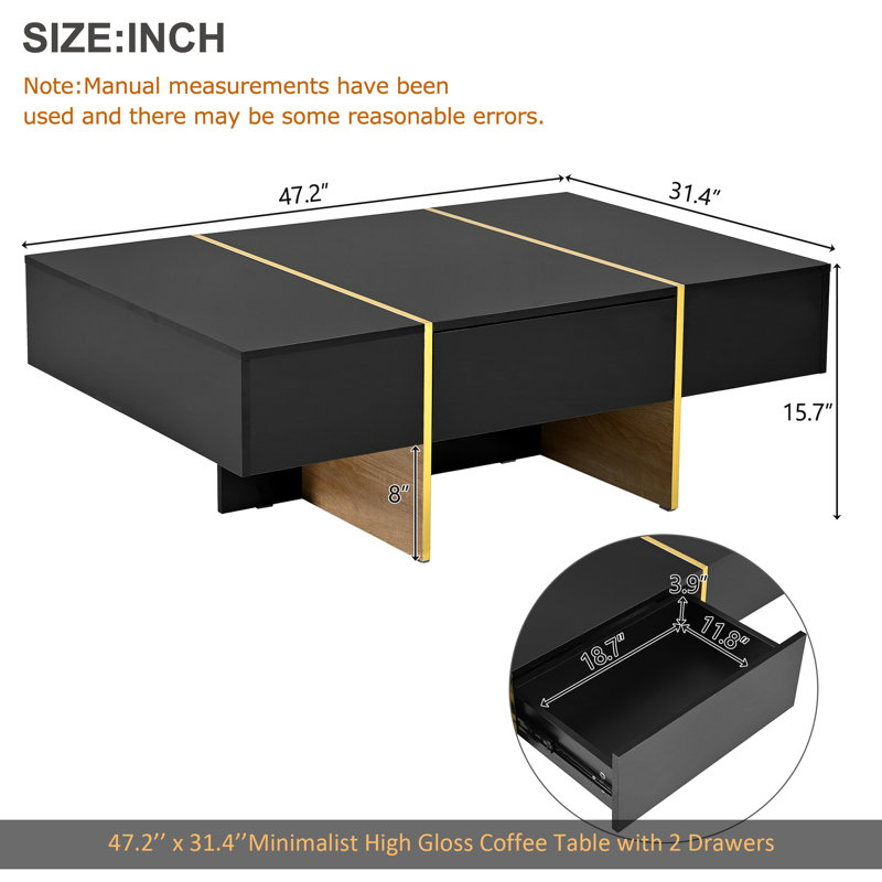 Table basse 47,2 po x 31,4 po minimaliste ultrabrillante avec 2 tiroirs, canapé rectangulaire multi-rangements avec pieds en grain de bois doré, table centrale moderne pour le salon, noir
