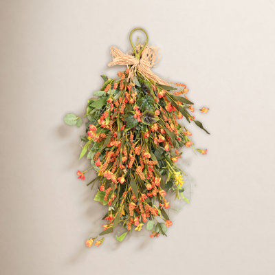 24" Artificial Fall Harvest Teardrop Floral Swag Greenery Eucalyptus Ivy Blossom Cluster Berry Wildflower Front Door Wreath Thanksgiving Wall Decor