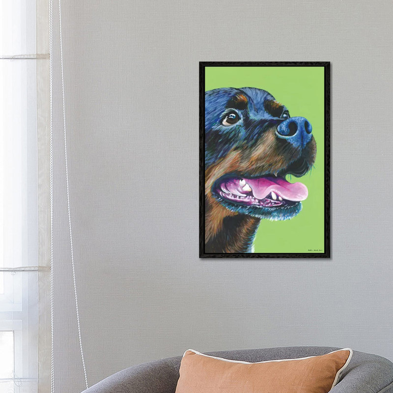 Rottweiller On Lime by Kirstin Wood - Painting on Canvas, 66.04 cm H x 45.72 cm W, Black Framed