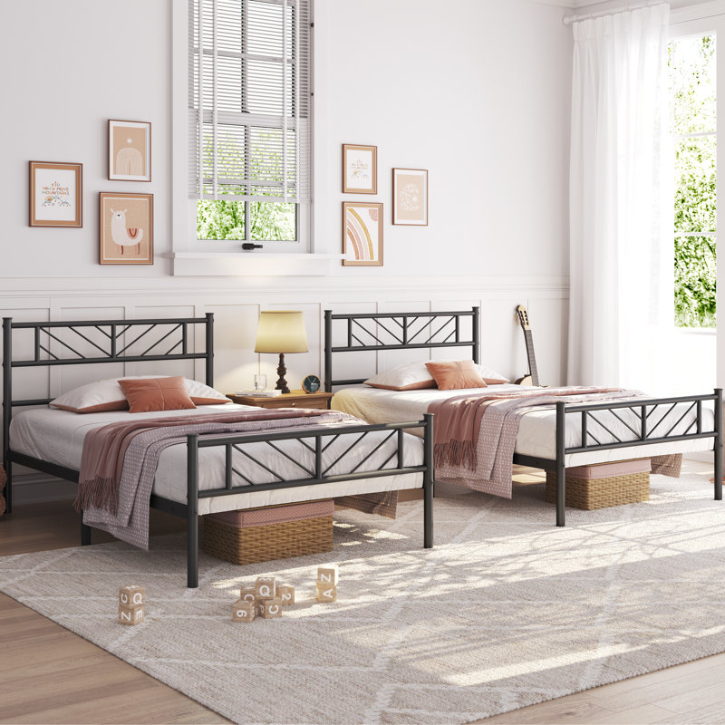 Minimalist Metal Slatted Bed Platform with Arrow Design Headboard, Single (3'), Black