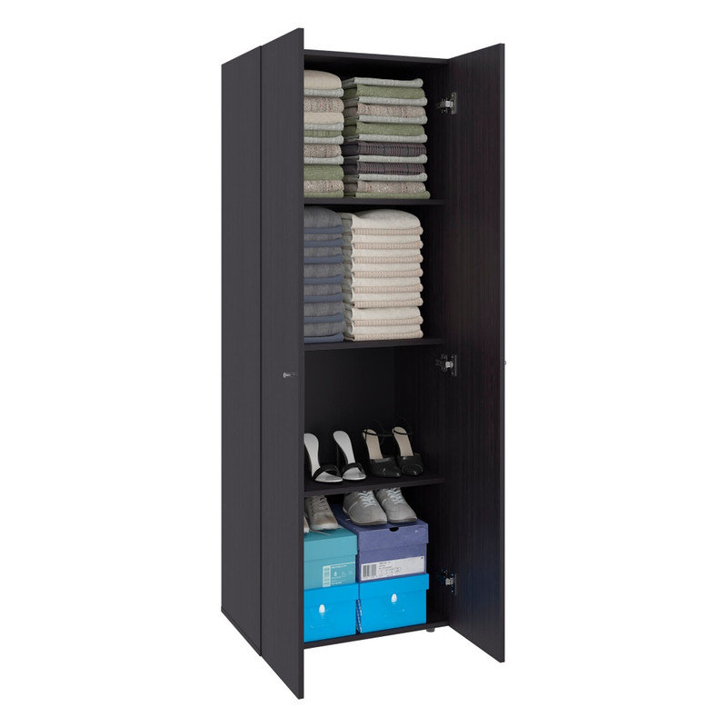 Système de garde-robe autoportant noir à 2 portes avec quatre tablettes fixes pour la salle de lavage de la chambre à coucher