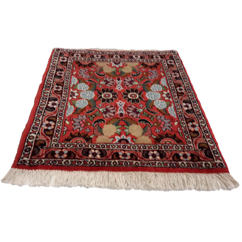 Tapis rouge en laine / coton à motif oriental fabriqué à la main de 1 pi 9 po x 1 pi 11 po Rhoswen