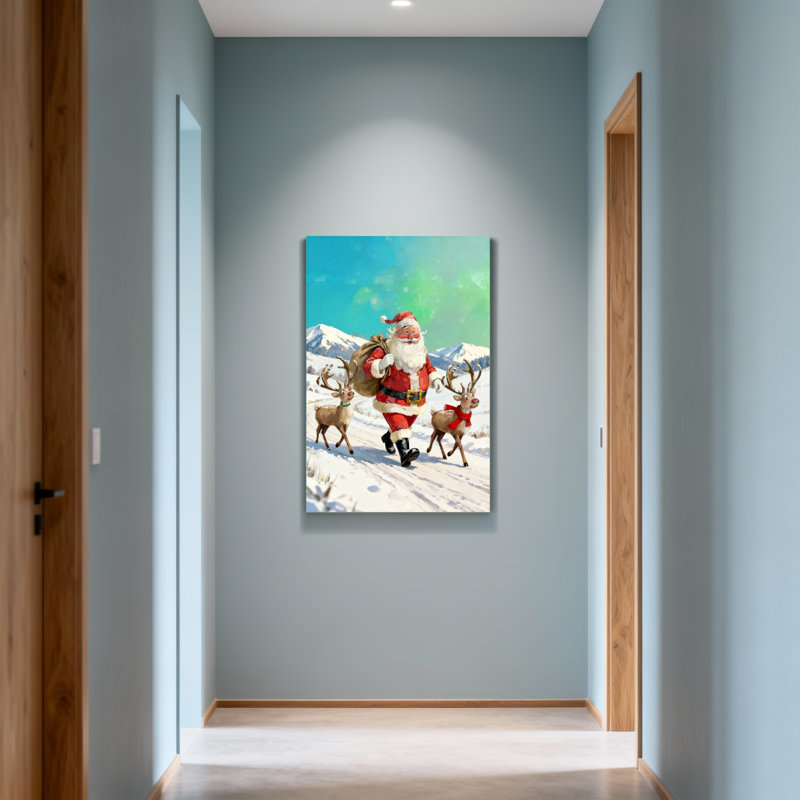 Noël père Noël marchant avec des rennes dans la neige
