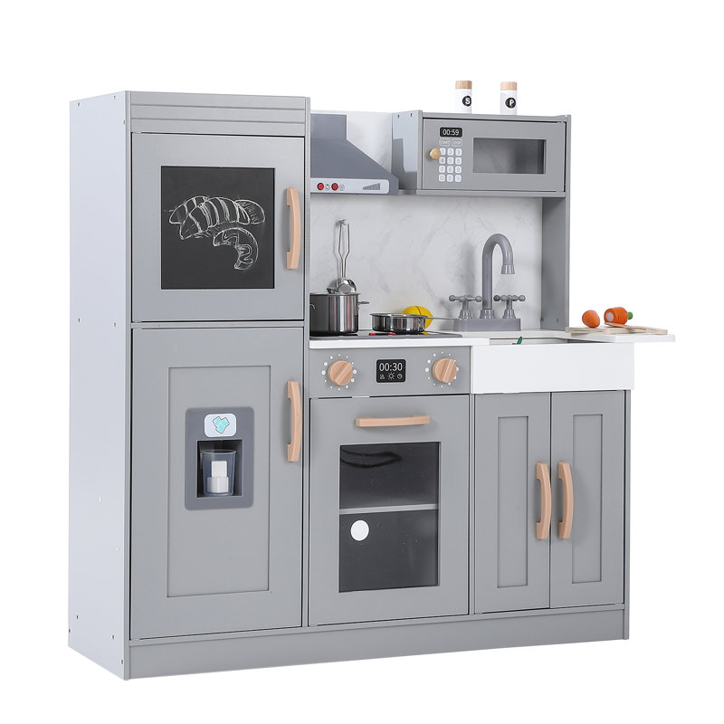 Wooden Play Kitchen for Kids with Cookware Playset,Lights & Sounds,20 Accessories and Ice Maker,Microwave,Oven,Range Hood,Sink