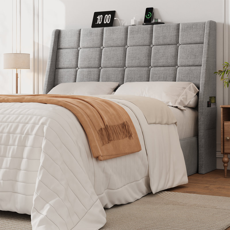 Ergonomic Upholstered Wingback Headboard With USB Charging Station And Storage Pockets, Tufted Linen, Bed Frame Compatible