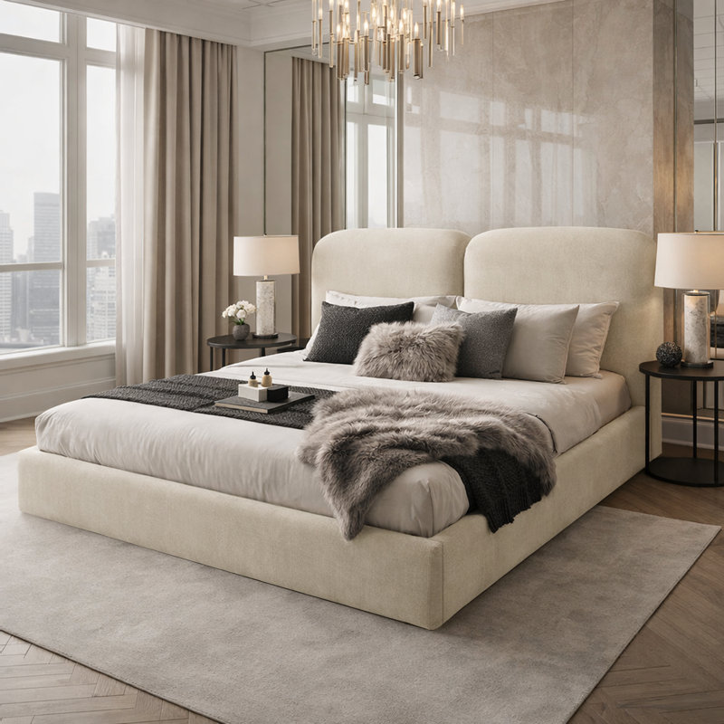 Upholstered Velvet Bed, Small Double (4'), Cream