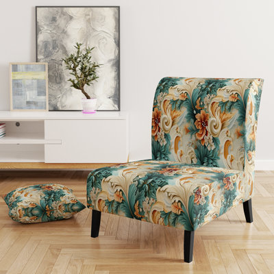 Rustic Paisley Gold Turquoise Gardens - Upholstered Farmhouse Slipper Chair, Green Accent Chair