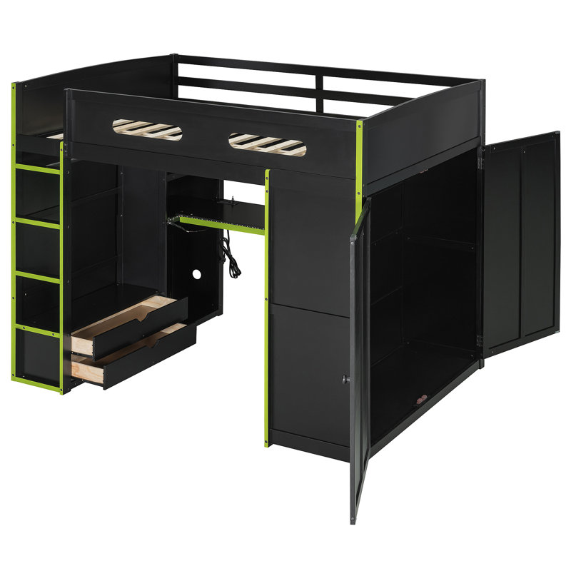 Lit mezzanine en bois avec bureau, garde-robe, grand espace de rangement et lumière RVB, Vert