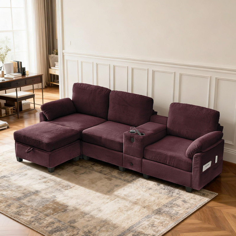 Canapé modulaire moderne en velours côtelé avec repose-pieds, porte-gobelets et ports de chargement USB