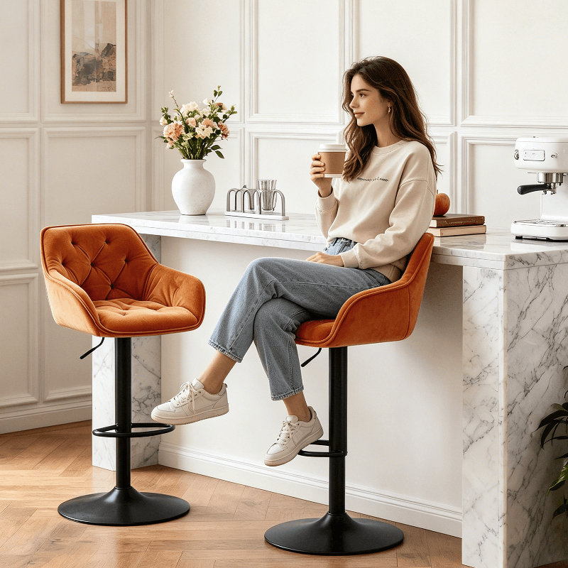 Swivel Velvet Upholstered Adjustable Height Counter Stool, Orange