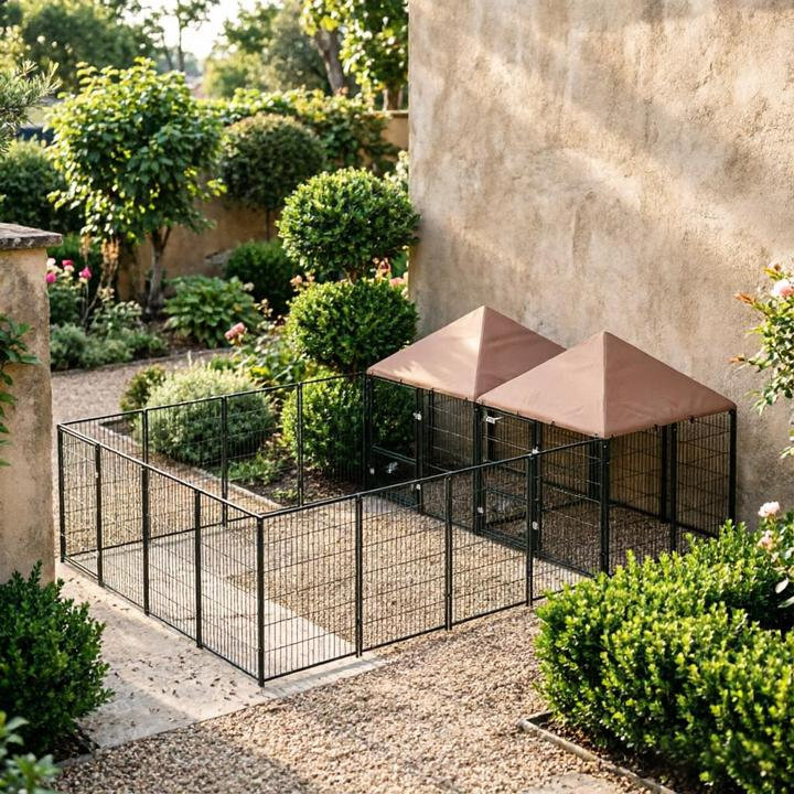 Chenil d'extérieur robuste 13,5 pi, abri 2 pièces avec toit imperméable et station d'alimentation rotative, café