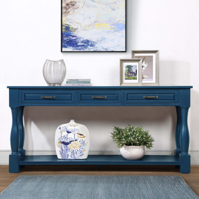 Console en bois de 63 po de long avec 3 tiroirs et 1 tablette inférieure pour le couloir d'entrée