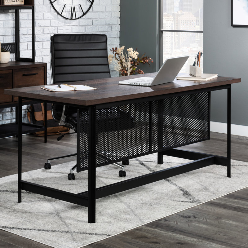 Bureau industriel laqué brun, surface de travail spacieuse pour ordinateurs portables et effets personnels, chargeur sans fil Qi en option, convient pour un bureau à domicile, un salon ou un bureau, structure en métal en forme de H