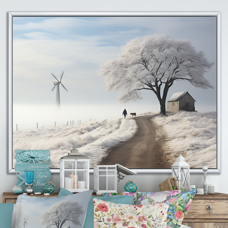 Éoliennes, paysage d'hiver, Cadre flottant blanc, H 24 po x l 32 po x P 1 po