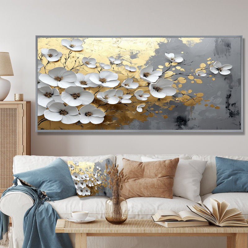 Altamirano - Floral Wall Art, Argent, H 28 po x l 60 po, Cadre flottant