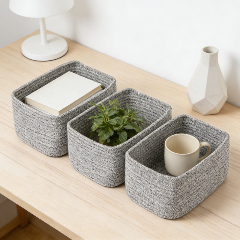 Woven Cotton Storage Baskets Set Of 3, Handmade Organizer Bins For Closet, Shelf, Desk, And Nursery, Decorative Rectangular Baskets For Home Organization