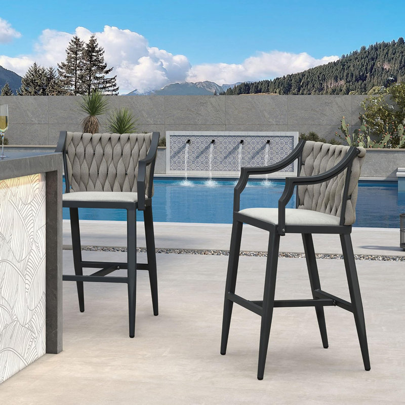  Chaise de patio à hauteur de barre avec coussin et dossier, Gris