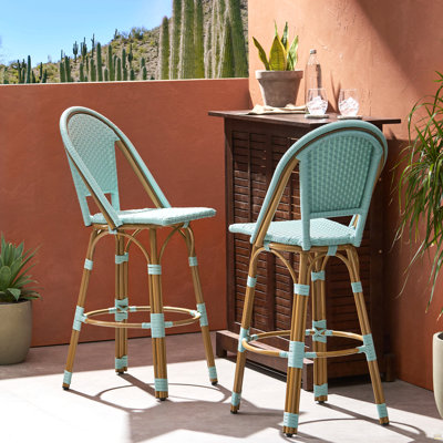 Ensemble de 2 tabourets de bar 29,5 po d'extérieur en rotin pe et aluminium français, finition bleu sarcelle clair et bambou