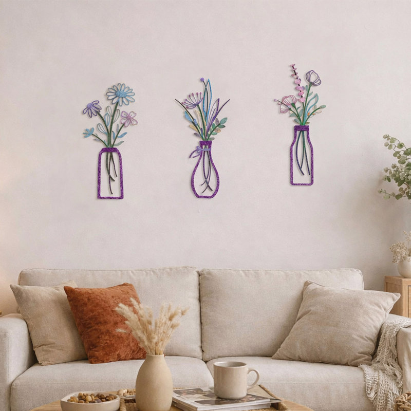  3-Piece Metal Flower Wall Art Set, Minimalist Boho Wall Decor, Purple