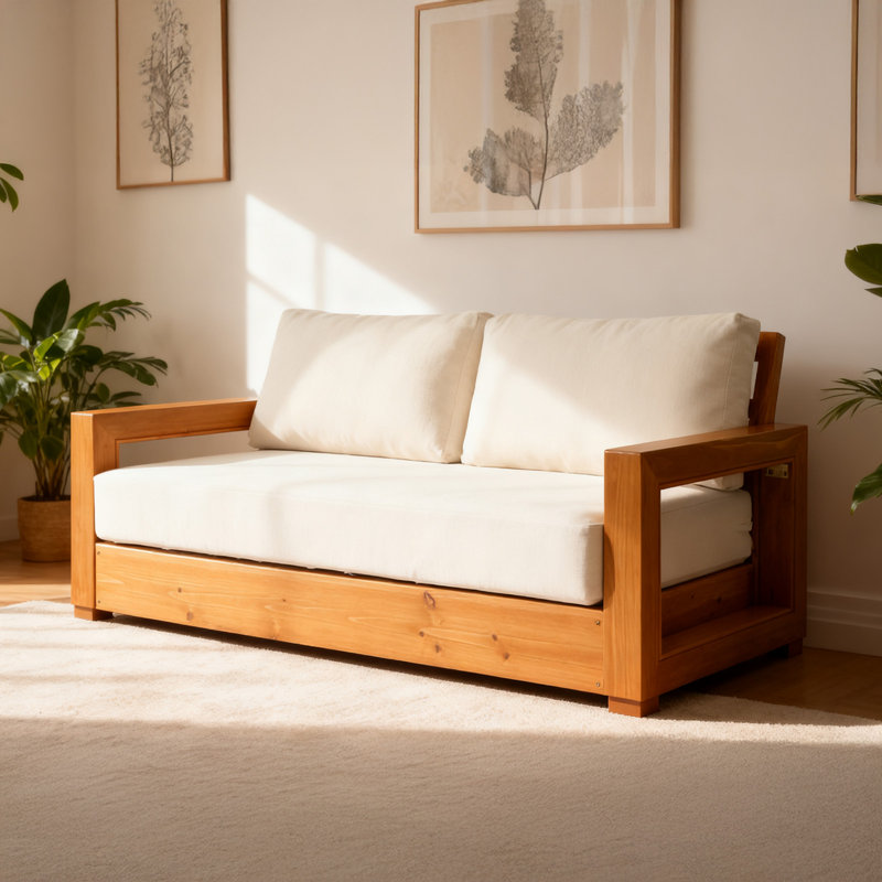 Outdoor Fir Wood Sofa Loveseat With Hollow Armrests, Beige