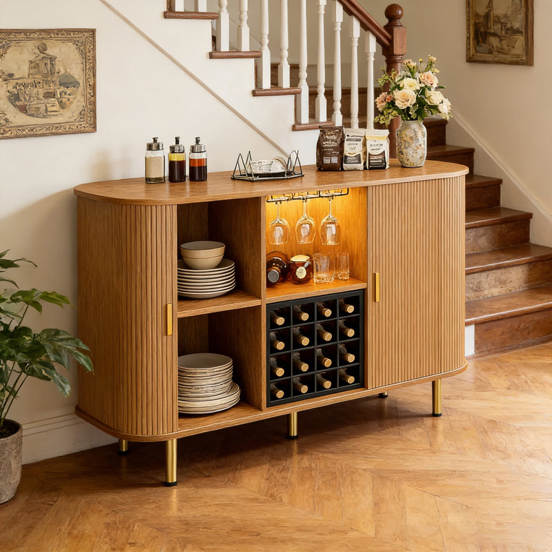 55" Modern Wine Bar Cabinet With Smooth Sliding Door &  LED Lights, Coffee Bar Cabinet With Wine Rack And Glass Holder