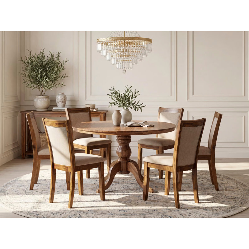 L'ensemble de table de salle à manger 7 pièces se compose d'une table ronde à piédestal et de 6 chaises en lin brun clair avec dossier rembourré - finition noyer antique