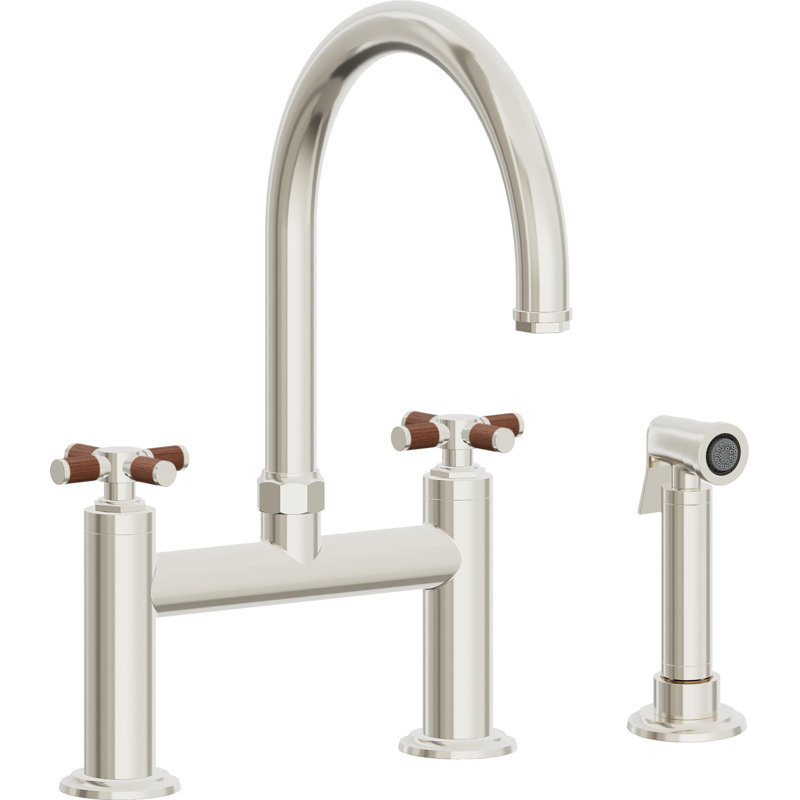 Bridge Kitchen Faucet - Arc Spout, Polished Nickel, With Side Spray, Teak Cross Handle
