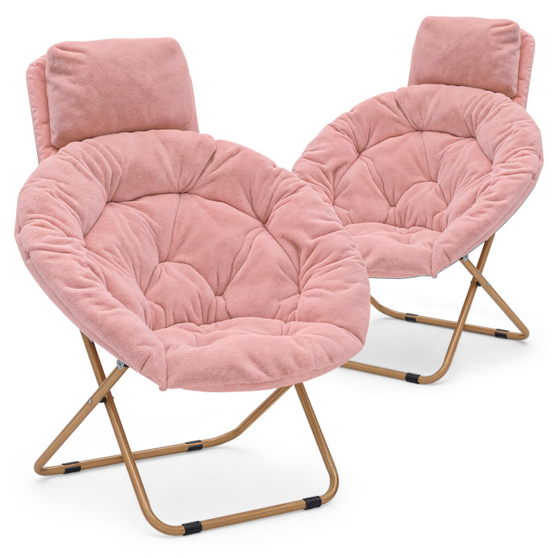 Upholstered Round Saucer Chairs with Headrest, Folding Cozy Lounge Lazy Chairs Papasan Moon Chairs, Pink